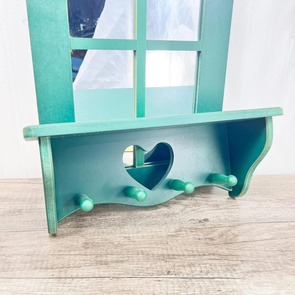 Green Wooden‎ Heart Shelf and Mirror Set - Vintage Cottagecore Decor